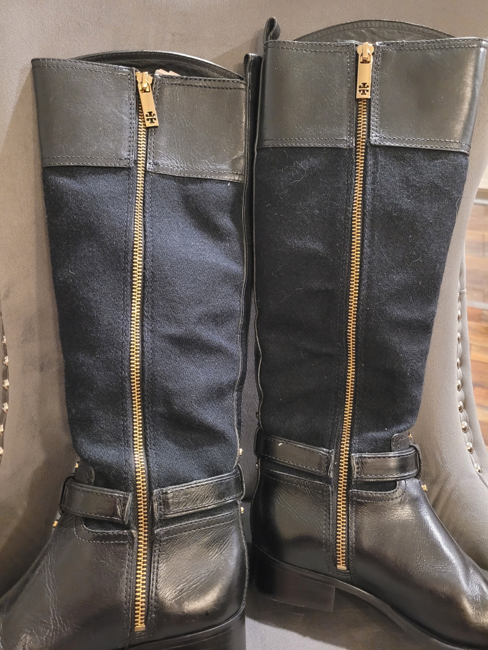Tory Burch Black Leather Suede Logo Riding Boots Gold Hardware Size 5M - Picture 6 of 15